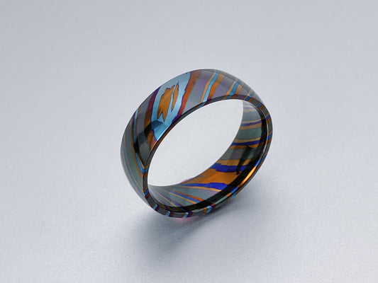 Mokume ZircTi (Damascus Ti&Zr) ring, four alloys twisted pattern, dome and polish pattern, 6mm wide for&nbsp; size US 4~7, 8mm wide for size US 7.5~12.5