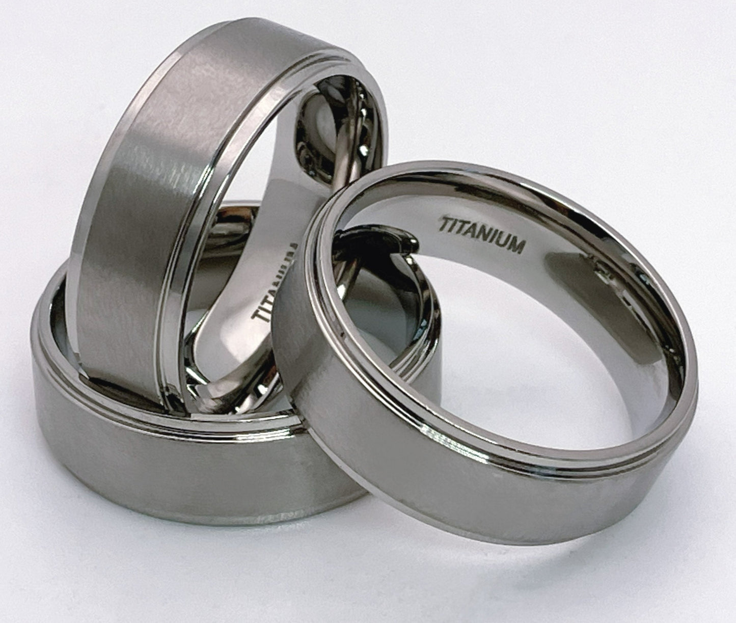 Titanium ring, flat profile, Matt finish, stepped edge, 8mm width, comfort fit