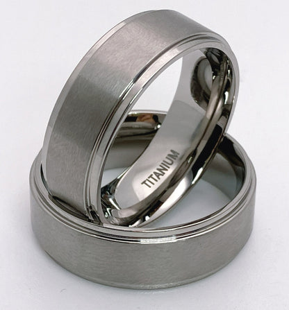 Titanium ring, flat profile, Matt finish, stepped edge, 8mm width, comfort fit