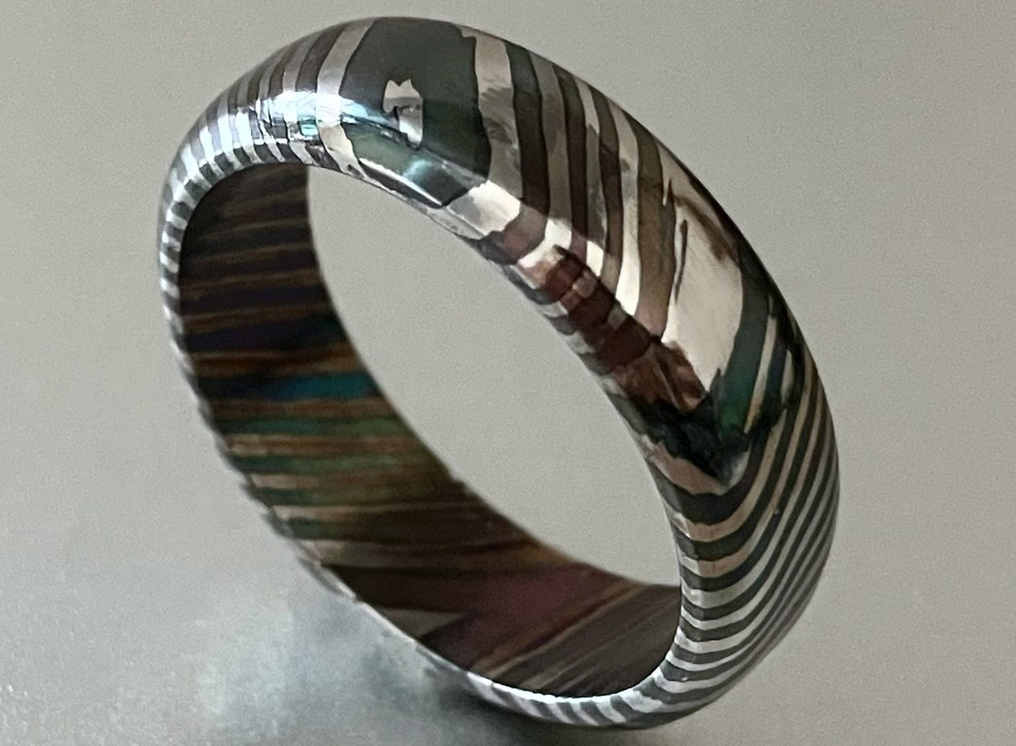 Mokume TiZr (ZrTiDamascus) Zebra ring, wood grain ring, 8mm width, 7~12.5 half size, free Nickel