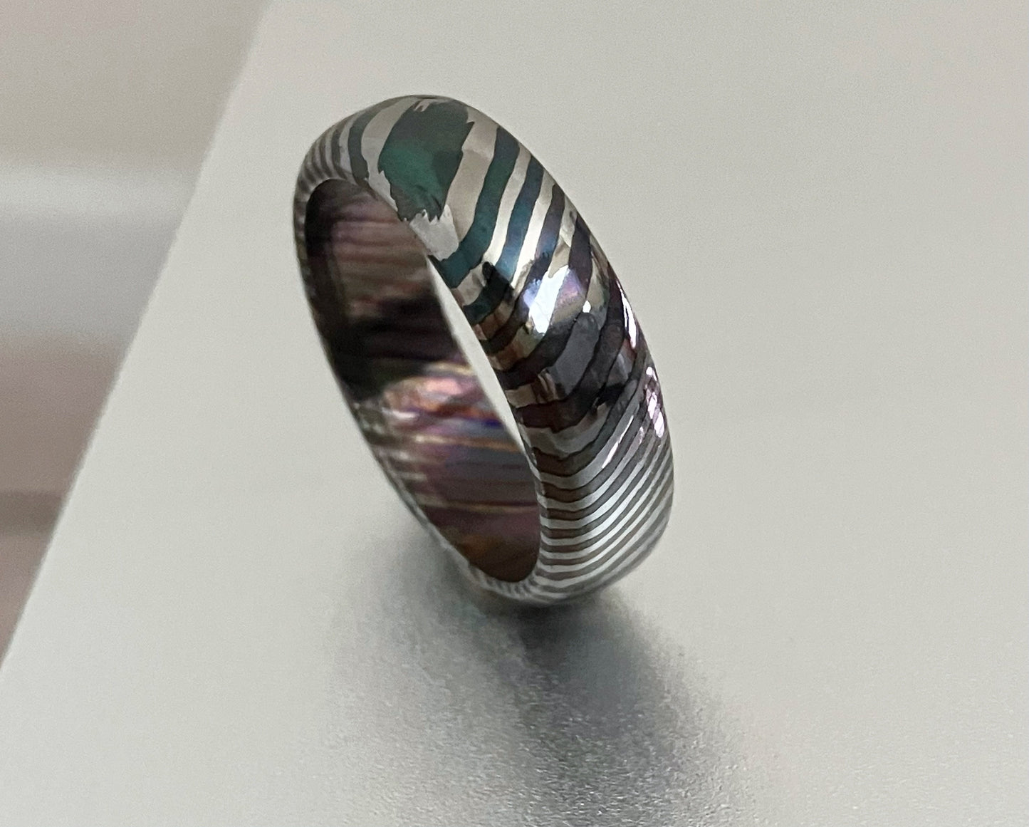 Mokume TiZr (ZrTiDamascus) Zebra ring, wood grain ring, 8mm width, 7~12.5 half size, free Nickel